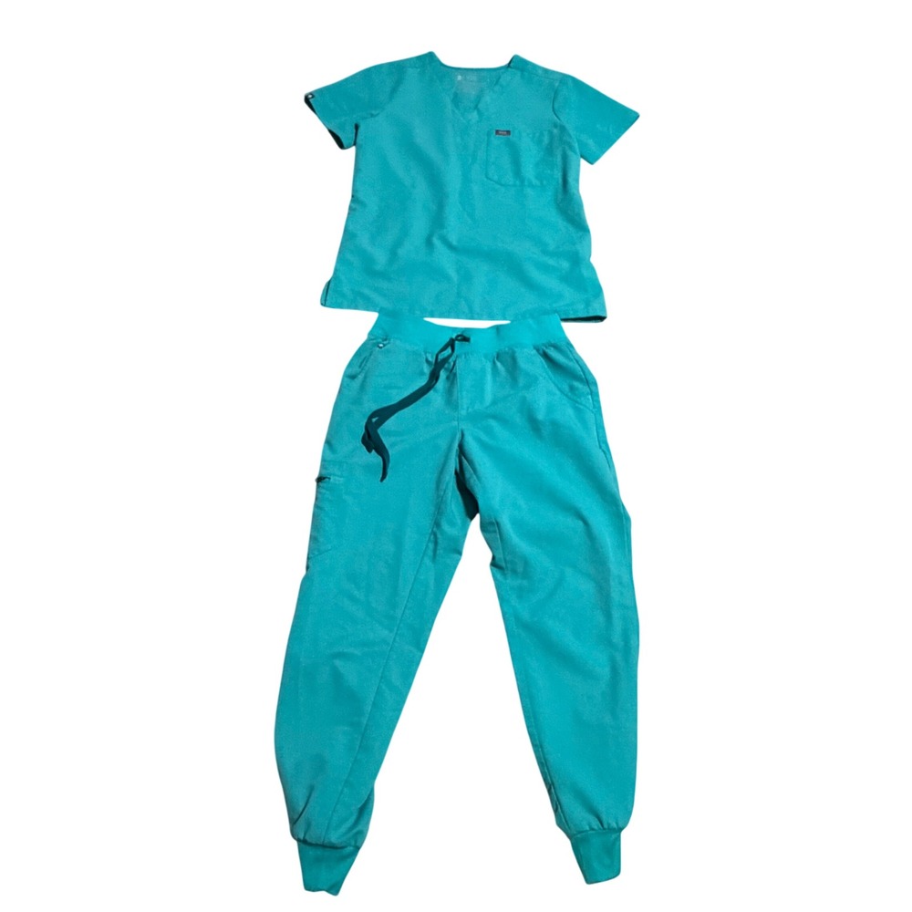 FIGS Oasis Aqua Lmtd Ed Scrub Set Catarina Top sz XS Zamora Joggers sz XS Petite